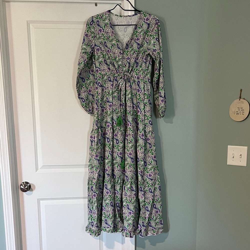 Floral V-Neck Long Sleeve Maxi Dress in Green & Purple